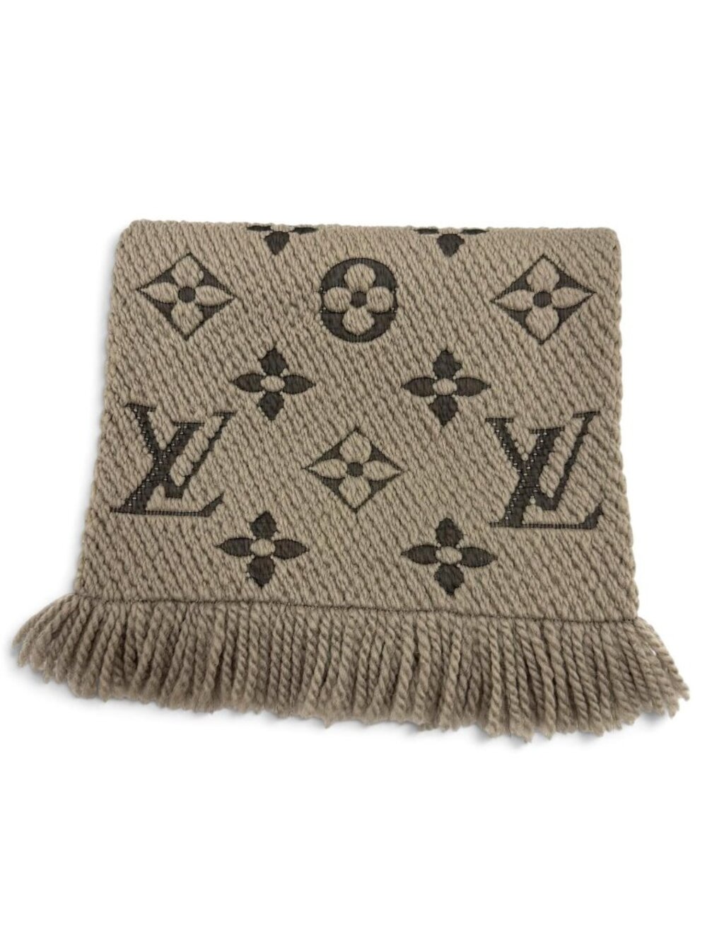 Louis Vuitton Logomania Scarf Monogram Wool Silk Fringed Greige